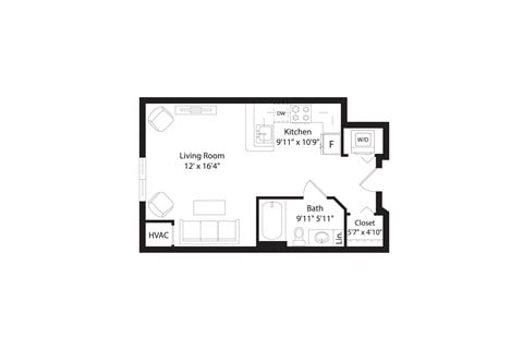 Floor plan for studio, 1 bath, 445 sqft
