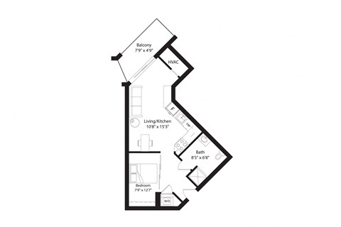 Floor plan for studio, 1 bath, 688 sqft