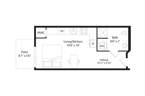 Floor plan for studio, 1 bath, 364 sqft