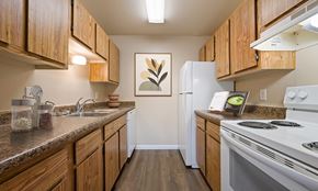 Rapid City apartment for rent - A kitchen with wooden cabinets and a white refrigerator.