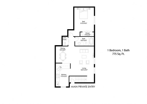 Floor plan for 1 bed, 1 bath, 775 sqft