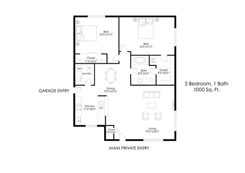 Floor plan for 2 beds, 1 bath, 1000 sqft