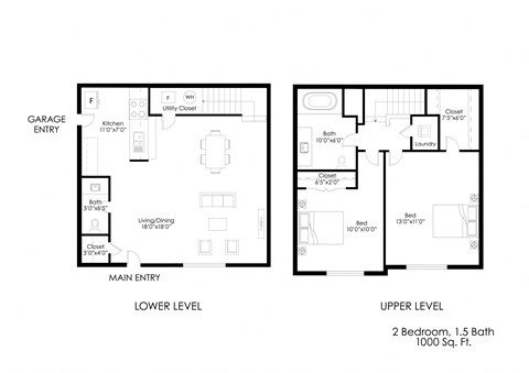 Floor plan for 2 beds, 1.5 baths, 1000 sqft