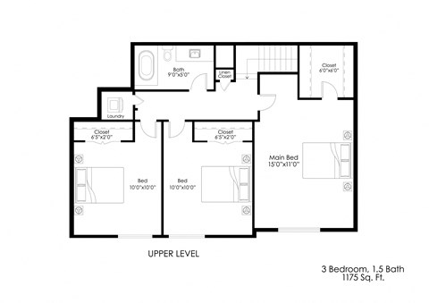 Floor plan for 3 beds, 1.5 baths, 1175 sqft