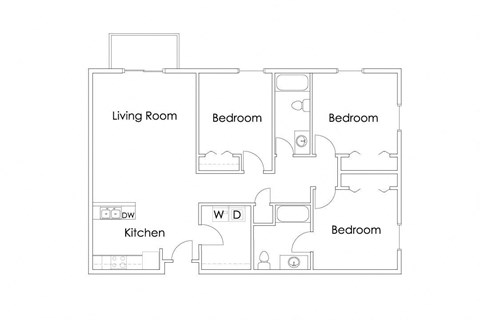 Floor plan for 3 beds, 2 baths, 1195 sqft