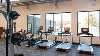 A gym with cardio machines and weights on the floor