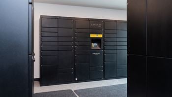 A row of lockers in a room with one door open