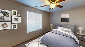 Jamestown apartment for rent - Furnished bedroom with queen bed, ceiling fan and large window for natural light