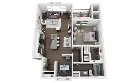 Floor plan for 1 bed, 1 bath, 916 sqft