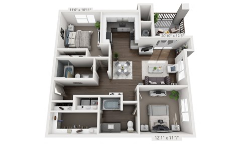 Floor plan for 2 beds, 2 baths, 1074 sqft