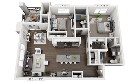 Floor plan for 2 beds, 2 baths, 1213 sqft