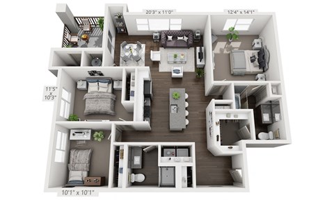 Floor plan for 3 beds, 2 baths, 1315 sqft