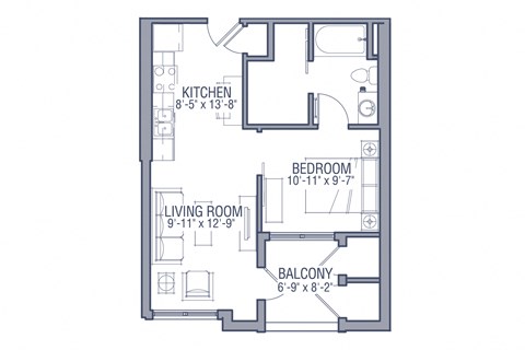 Floor plan for 1 bed, 1 bath, 598 sqft