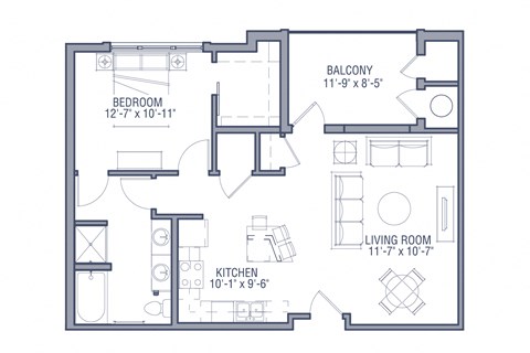 Floor plan for 1 bed, 1 bath, 836 sqft