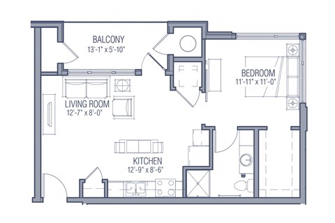 Floor plan for 1 bed, 1 bath, 645 sqft