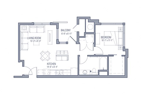 Floor plan for 1 bed, 1 bath, 716 sqft