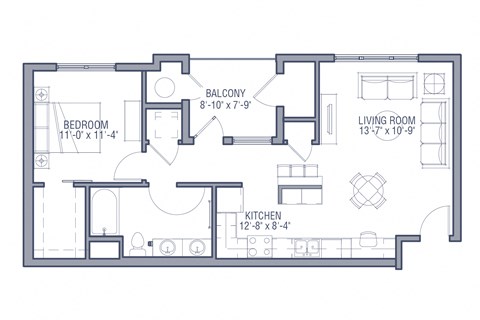 Floor plan for 1 bed, 1 bath, 881 sqft