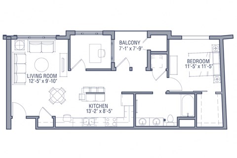 Floor plan for 1 bed, 1 bath, 870 sqft