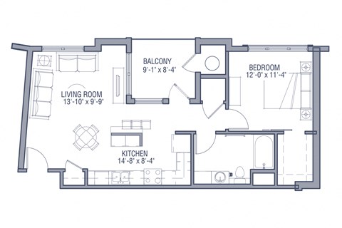 Floor plan for 1 bed, 1 bath, 745 sqft