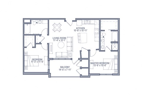 Floor plan for 2 beds, 2 baths, 1060 sqft