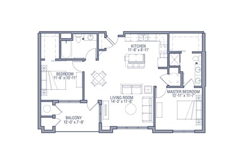 Floor plan for 2 beds, 2 baths, 1112 sqft