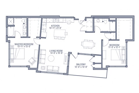 Floor plan for 2 beds, 2 baths, 1379 sqft