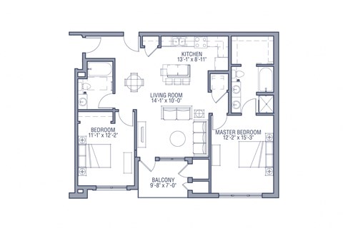 Floor plan for 2 beds, 2 baths, 1155 sqft
