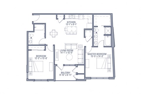 Floor plan for 2 beds, 2 baths, 1243 sqft