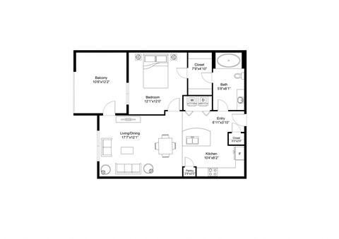 Floor plan for 1 bed, 1 bath, 689 sqft