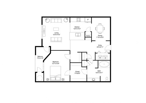Floor plan for 1 bed, 1 bath, 930 sqft