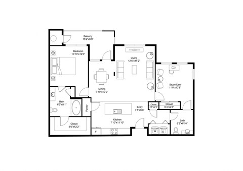Floor plan for 1 bed, 1 bath, 1292 sqft
