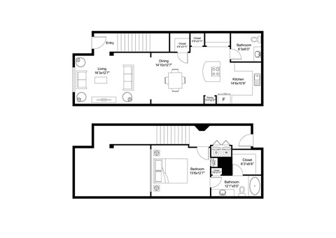 Floor plan for 1 bed, 1 bath, 1233 sqft