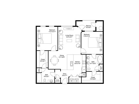 Floor plan for 2 beds, 2 baths, 1081 sqft