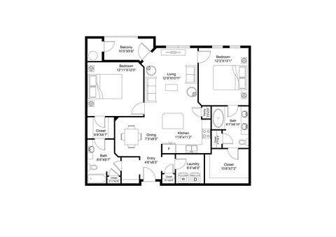Floor plan for 2 beds, 2 baths, 1157 sqft