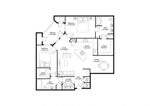 Floor plan for 2 beds, 2 baths, 1292 sqft