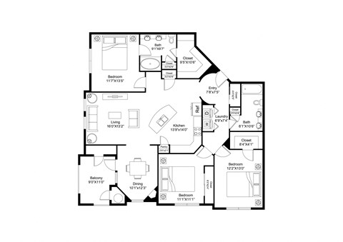 Floor plan for 3 beds, 2 baths, 1509 sqft