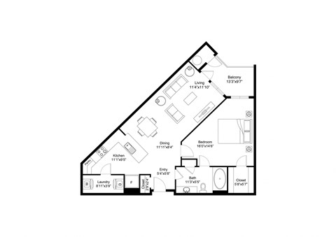 Floor plan for 1 bed, 1 bath, 787 sqft