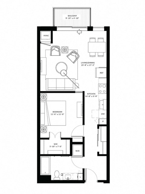 Floor plan for 1 bed, 1 bath, 720 sqft