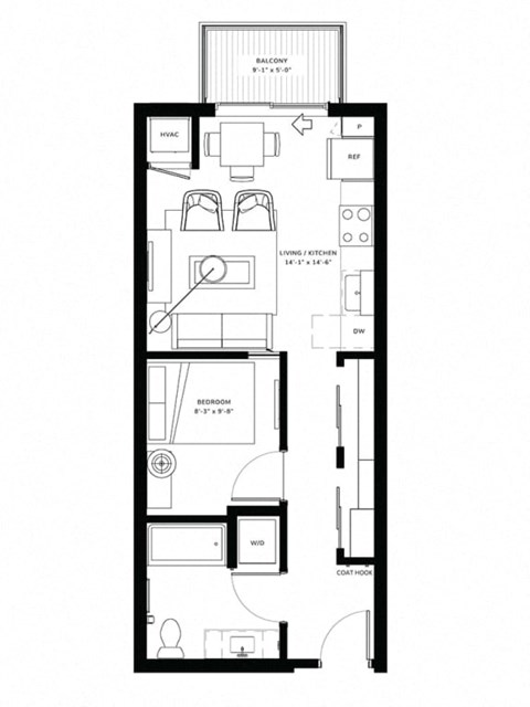 Floor plan for studio, 1 bath, 518 sqft