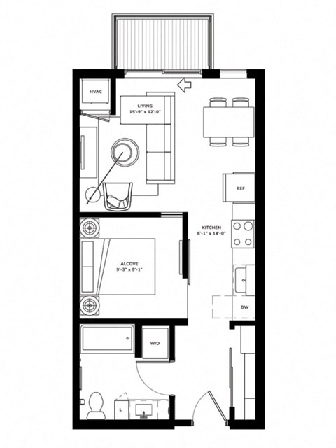 Floor plan for studio, 1 bath, 527 sqft