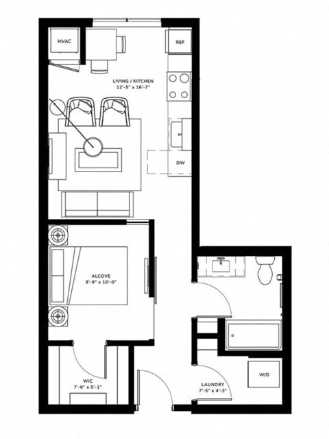 Floor plan for studio, 1 bath, 565 sqft
