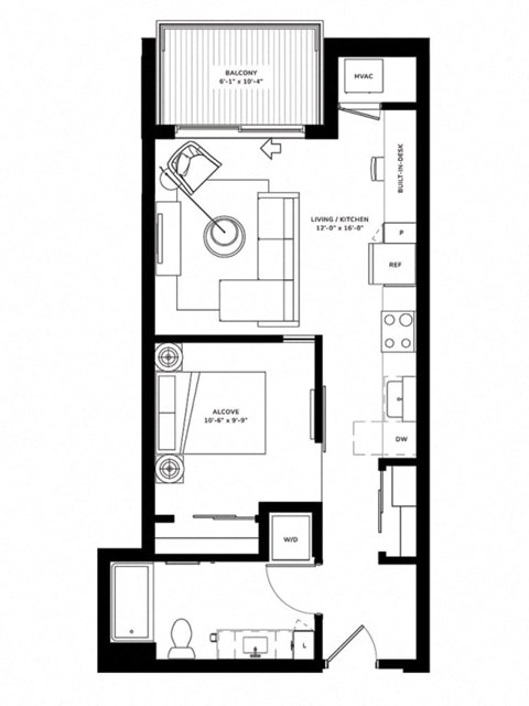 Floor plan for studio, 1 bath, 609 sqft