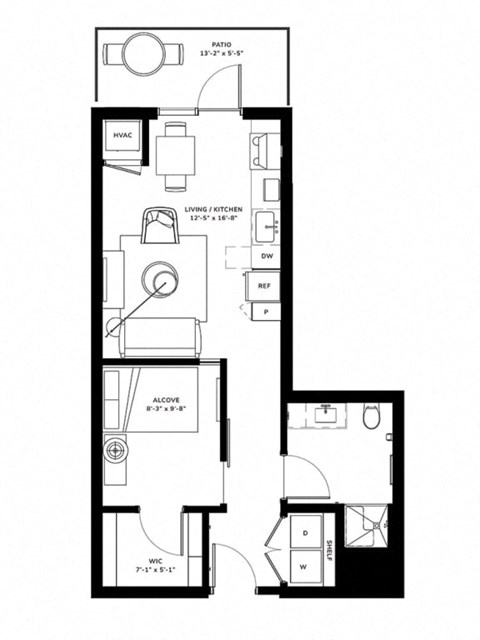Floor plan for studio, 1 bath, 565 sqft