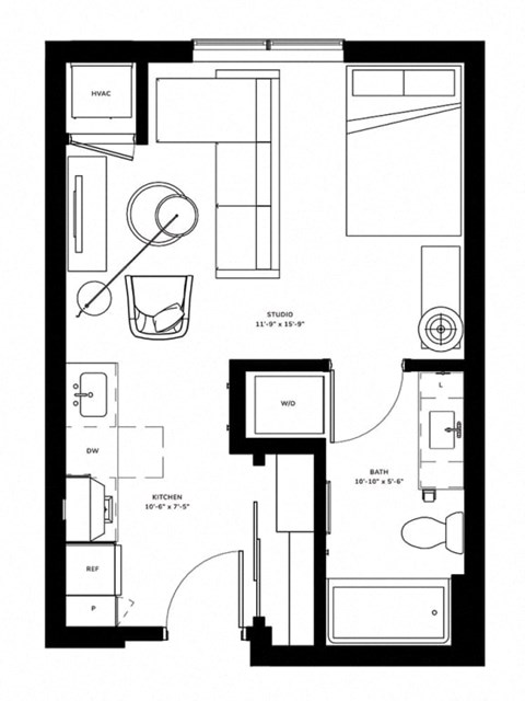 Floor plan for studio, 1 bath, 393 sqft