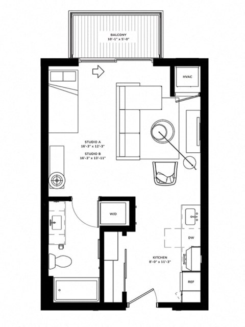 Floor plan for studio, 1 bath, 425 sqft