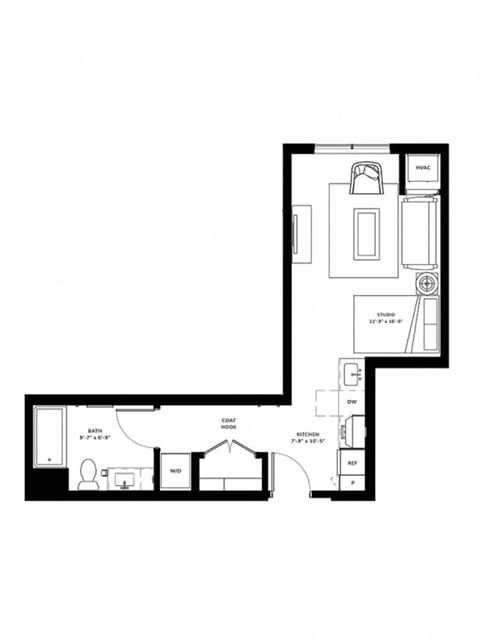 Floor plan for studio, 1 bath, 445 sqft