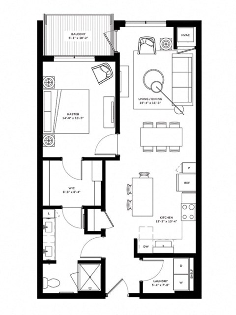 Floor plan for 1 bed, 1 bath, 868 sqft