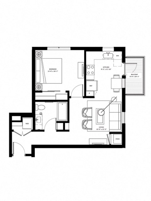 Floor plan for 1 bed, 1 bath, 648 sqft