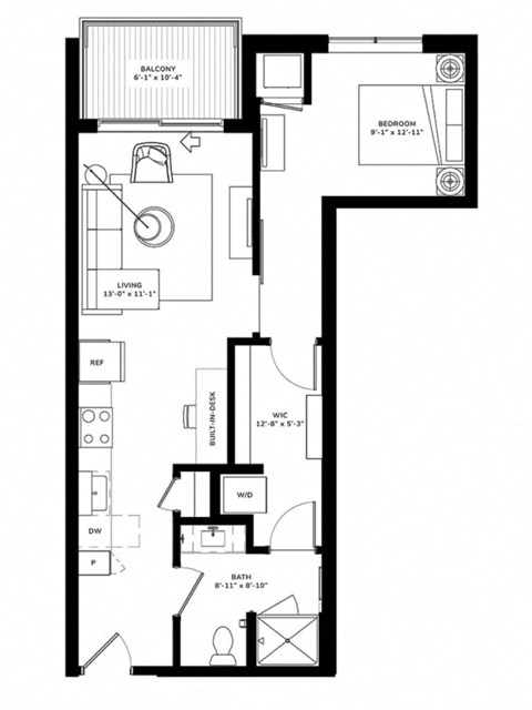 Floor plan for 1 bed, 1 bath, 682 sqft