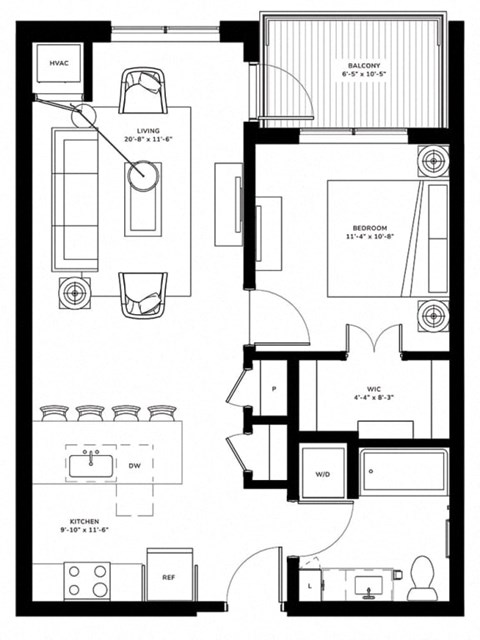Floor plan for 1 bed, 1 bath, 693 sqft